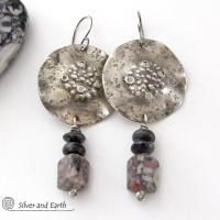 Crinoid Fossil Sterling Silver Earrings with Gray Jasper Stones - Modern Edgy Rustic Organic Silver Jewelry