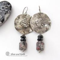 Crinoid Fossil Sterling Silver Earrings with Gray Jasper Stones - Modern Edgy Rustic Organic Silver Jewelry