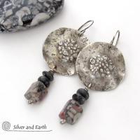 Crinoid Fossil Sterling Silver Earrings with Gray Jasper Stones - Modern Edgy Rustic Organic Silver Jewelry