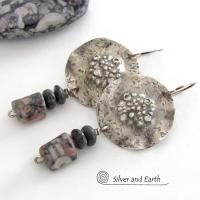Crinoid Fossil Sterling Silver Earrings with Gray Jasper Stones - Modern Edgy Rustic Organic Silver Jewelry