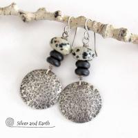 Sterling Silver Earrings with Dalmatian Jasper & Black Agate Stones - Artisan Handcrafted Modern Earthy Jewelry