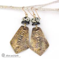 Hammered Gold Brass Tribal Earrings with Dalmatian Jasper & Black Onyx Stones