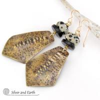 Hammered Gold Brass Tribal Earrings with Dalmatian Jasper & Black Onyx Stones