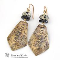 Hammered Gold Brass Tribal Earrings with Dalmatian Jasper & Black Onyx Stones