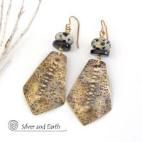 Hammered Gold Brass Tribal Earrings with Dalmatian Jasper & Black Onyx Stones