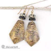 Hammered Gold Brass Tribal Earrings with Dalmatian Jasper & Black Onyx Stones