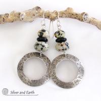 Sterling Silver Hoop Earrings with Dalmatian Jasper Stones