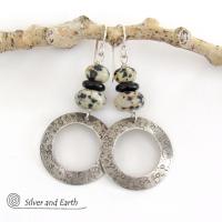 Sterling Silver Hoop Earrings with Dalmatian Jasper Stones