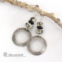 Sterling Silver Hoop Earrings with Dalmatian Jasper Stones