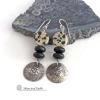 Sterling Silver Earrings with Dalmatian Jasper Stones & Black Glass Beads - Rustic Earthy Modern Artisan Handcrafted Jewelry