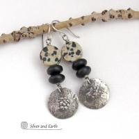 Sterling Silver Earrings with Dalmatian Jasper Stones & Black Glass Beads - Rustic Earthy Modern Artisan Handcrafted Jewelry