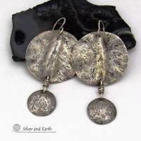 Rustic Hammered Oxidized Solid Sterling Silver Dangle Earrings - Edgy Modern Organic Silver Jewelry