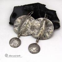 Rustic Hammered Oxidized Solid Sterling Silver Dangle Earrings - Edgy Modern Organic Silver Jewelry