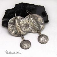 Rustic Hammered Oxidized Solid Sterling Silver Dangle Earrings - Edgy Modern Organic Silver Jewelry