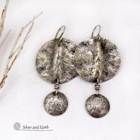 Rustic Hammered Oxidized Solid Sterling Silver Dangle Earrings - Edgy Modern Organic Silver Jewelry
