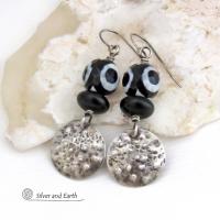 Small Sterling Silver Earrings with Black & White Faceted Tibetan Eye Agate Gemstones