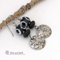 Small Sterling Silver Earrings with Black & White Faceted Tibetan Eye Agate Gemstones