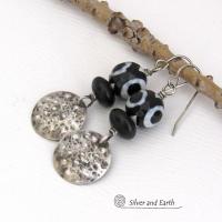 Small Sterling Silver Earrings with Black & White Faceted Tibetan Eye Agate Gemstones