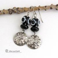 Small Sterling Silver Earrings with Black & White Faceted Tibetan Eye Agate Gemstones