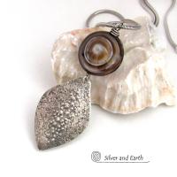 Sterling Silver Necklace with Black Banded Eye Agate Gemstone - Unique Earthy Natural Stone Jewelry