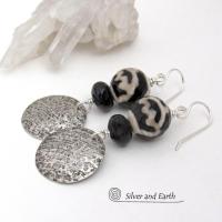 Sterling Silver Earrings with Black and White Tibetan Agate and Onyx Gemstones - Modern Boho Chic Jewelry