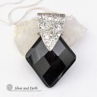 Sterling Silver Pendant Necklace with Faceted Black Onyx Gemstone