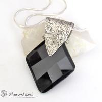 Sterling Silver Pendant Necklace with Faceted Black Onyx Gemstone