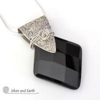 Sterling Silver Pendant Necklace with Faceted Black Onyx Gemstone