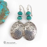 Handcrafted earrings with sterling silver oval dangles with a hand stamped texture accented with natural turquoise and hematite gemstones. The stones have a faceted finish which casts off a natural sparkle and shine. They have a modern style with southwestern flair that looks great with all wardrobe types. Perfect for women that love modern style southwest jewelry. Handmade in the USA by Silver and Earth Jewelry, a New Mexico True Certified business.