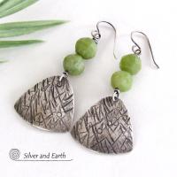 Textured Sterling Silver Earrings with Green Serpentine Faceted Gemstones - Artisan Handcrafted Earthy Modern Jewelry