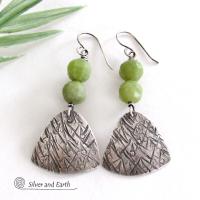 Textured Sterling Silver Earrings with Green Serpentine Faceted Gemstones - Artisan Handcrafted Earthy Modern Jewelry