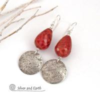 Round Sterling Silver Dangle Earrings with Faceted Orange Fire Agate Gemstones