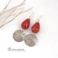 Round Sterling Silver Dangle Earrings with Faceted Orange Fire Agate Gemstones