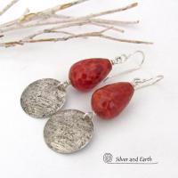 Round Sterling Silver Dangle Earrings with Faceted Orange Fire Agate Gemstones