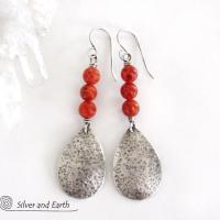 Hammered Sterling Silver Teardrop Earrings with Orange Fire Agate Gemstones