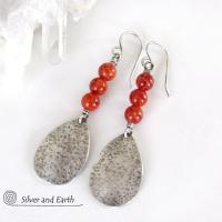 Hammered Sterling Silver Teardrop Earrings with Orange Fire Agate Gemstones