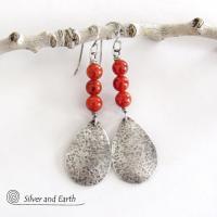 Hammered Sterling Silver Teardrop Earrings with Orange Fire Agate Gemstones