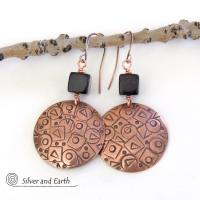 Hand Stamped Copper Earrings with Mod Abstract Texture & Black Jasper Stones - Unique Artsy Handmade Metalwork Jewelry