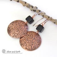 Hand Stamped Copper Earrings with Mod Abstract Texture & Black Jasper Stones - Unique Artsy Handmade Metalwork Jewelry