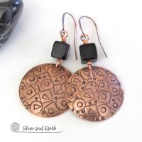 Hand Stamped Copper Earrings with Mod Abstract Texture & Black Jasper Stones - Unique Artsy Handmade Metalwork Jewelry