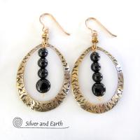 Gold Brass Hoop Earrings with Black Onyx Stones - Chic Trendy Jewelry