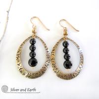 Gold Brass Hoop Earrings with Black Onyx Stones - Chic Trendy Jewelry