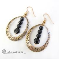 Gold Brass Hoop Earrings with Black Onyx Stones - Chic Trendy Jewelry