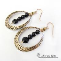 Gold Brass Hoop Earrings with Black Onyx Stones - Chic Trendy Jewelry