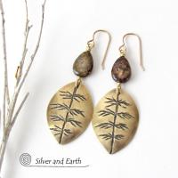 Gold Brass Leaf Earrings with Brown Bronzite Gemstones - Modern Earthy Nature Jewelry Gifts for Women