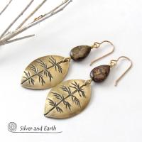 Gold Brass Leaf Earrings with Brown Bronzite Gemstones - Modern Earthy Nature Jewelry Gifts for Women