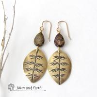 Gold Brass Leaf Earrings with Brown Bronzite Gemstones - Modern Earthy Nature Jewelry Gifts for Women