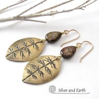 Gold Brass Leaf Earrings with Brown Bronzite Gemstones - Modern Earthy Nature Jewelry Gifts for Women