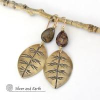 Gold Brass Leaf Earrings with Brown Bronzite Gemstones - Modern Earthy Nature Jewelry Gifts for Women