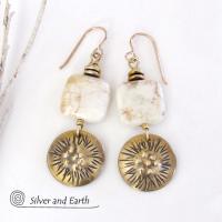 Textured Gold Brass Dangle Earrings with White Magnesite Stones